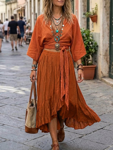 Bohemian Lace-up Linen And Cotton Top And Skirt Two-piece Set
