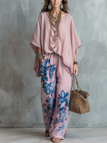 Pink Batwing Sleeve Top And Blue Floral Wide-leg Pants