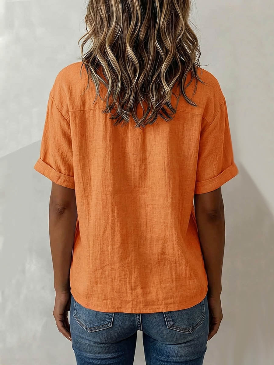 Women's Solid-color V-neck Short-sleeve Casual Loose Cotton-linen Cardigan
