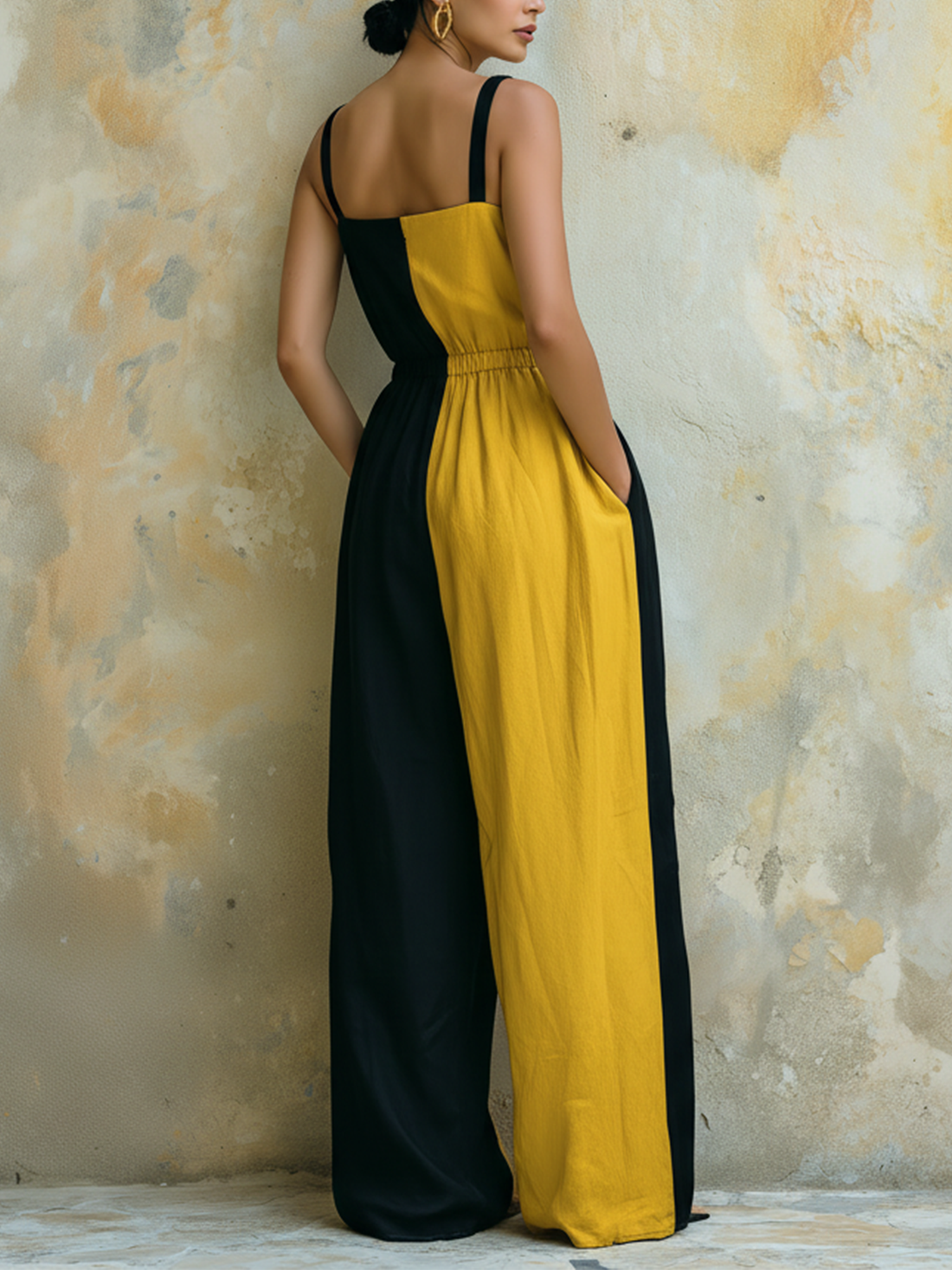 Black & Yellow Colorblock Sleeveless Wide Leg Jumpsuit