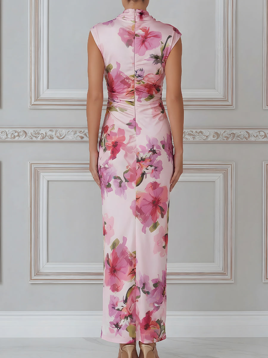 Sculpted Cowl Neck Floral Bodycon Midi Dress