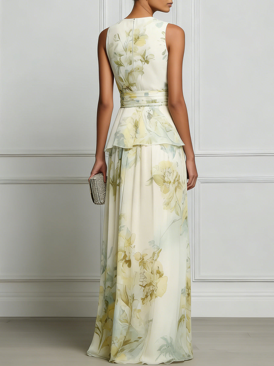 Layered Floral Sleeveless Peplum Waist Flowing Maxi Dress