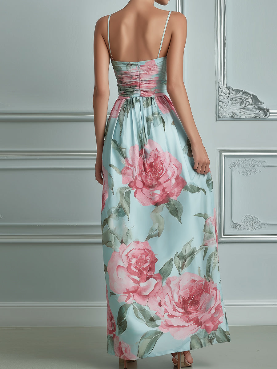 Spaghetti Strap Ruched Bodice Floral A-Line Maxi Dress
