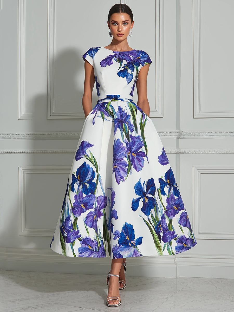 Elegant Iris Floral A-Line Midi Dress