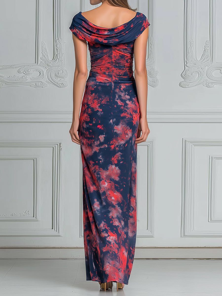 Off-Shoulder Draped Printed Bodycon Maxi Dress