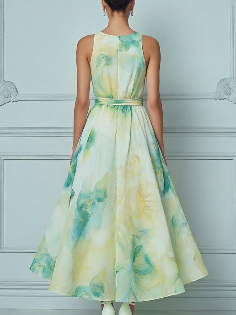 Elegant Green And Yellow Watercolor Floral Print Sleeveless Flowing