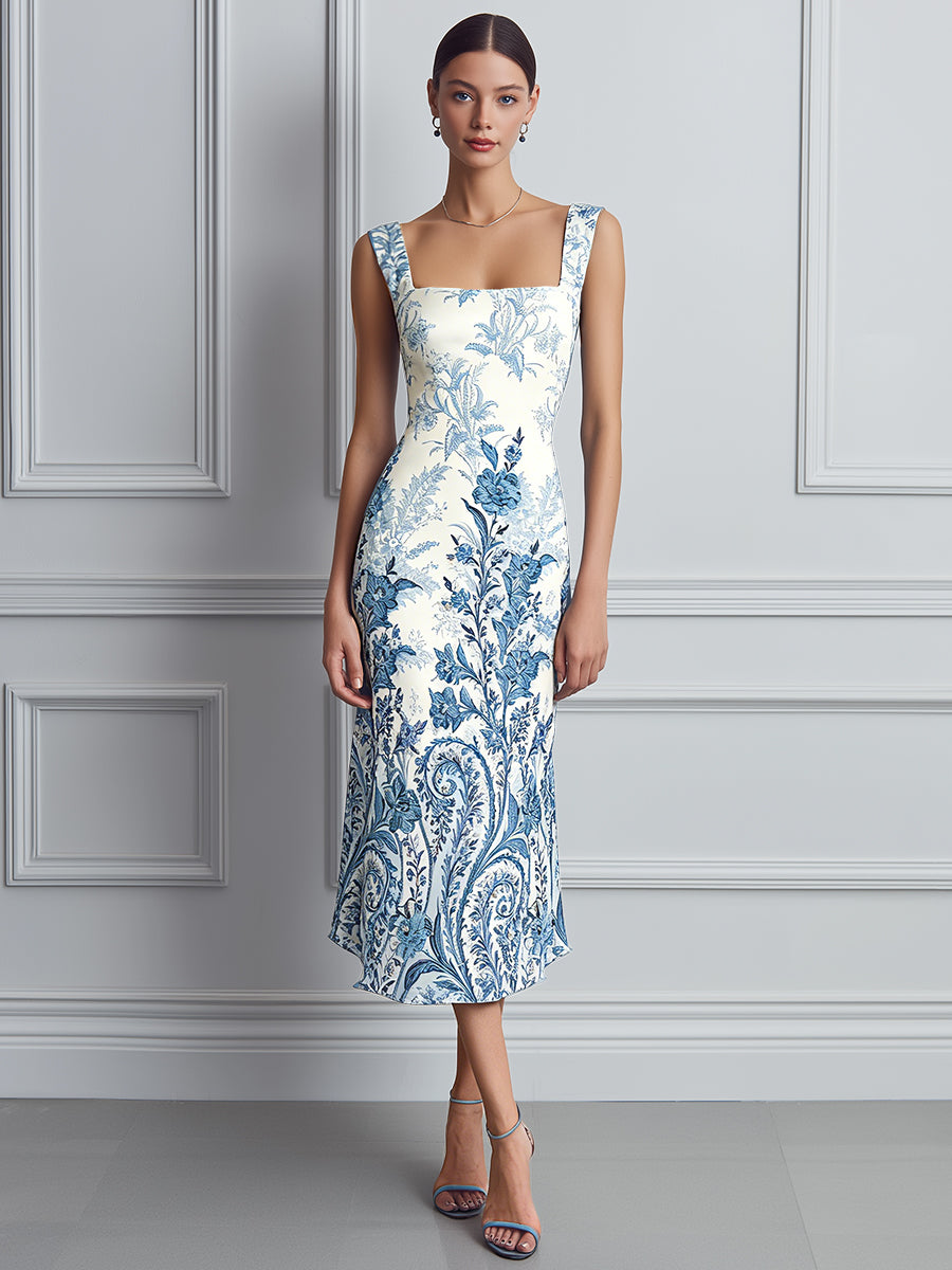 Vintage Porcelain Print Midi Dress