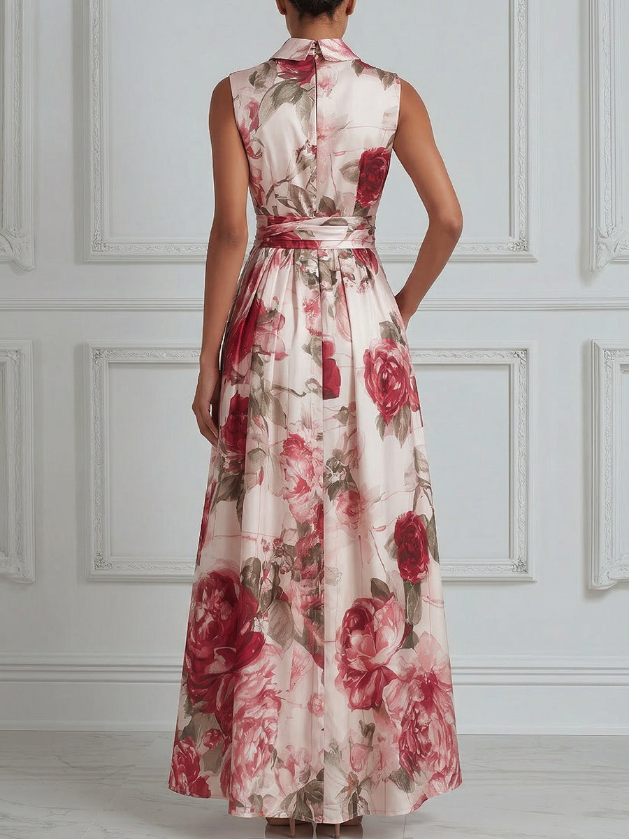 Sleeveless Floral Wrap Waist A-Line Maxi Dress