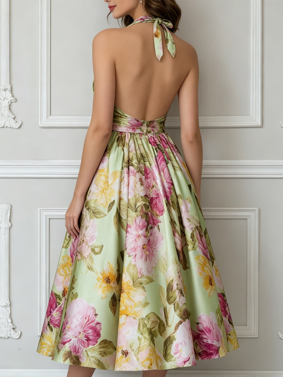 Halter Neck Floral Print A-Line Midi Dress