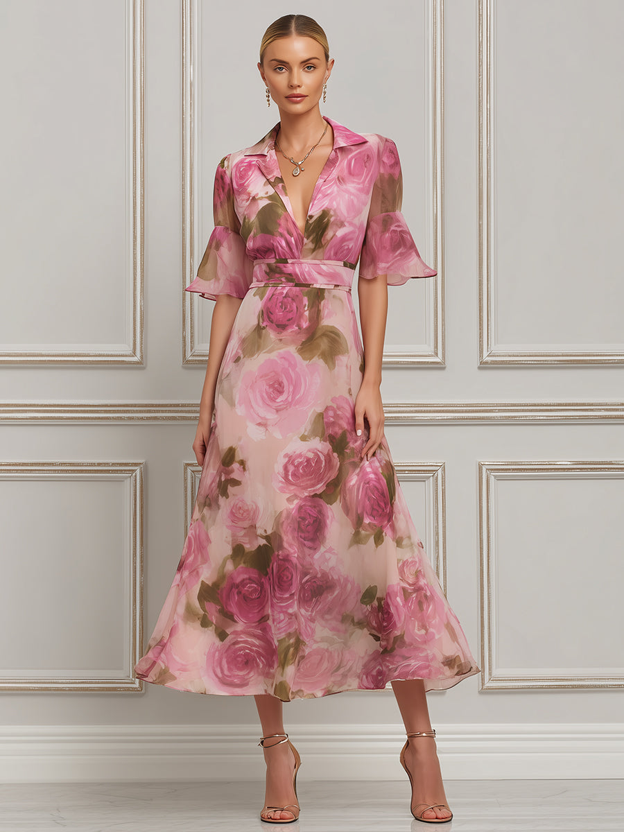 Romantic Rose Garden Chiffon Midi Dress