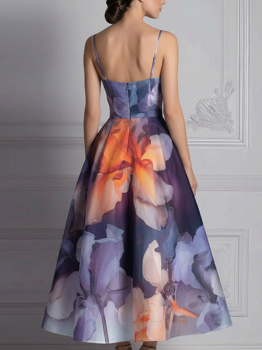 Spaghetti Strap Abstract Floral Structured A-Line Midi Dress