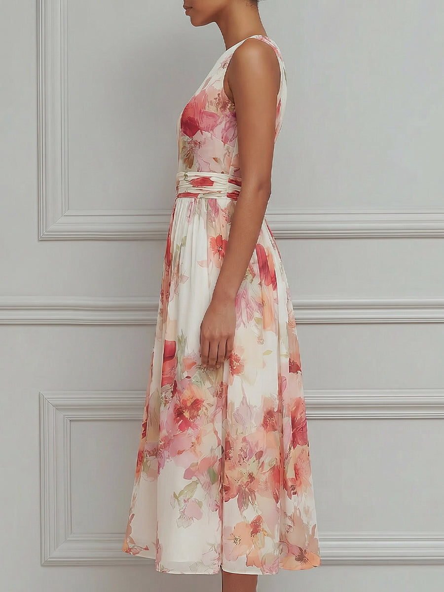 Soft Pleated Floral A-Line Midi Dress