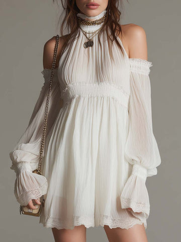 Vintage Cold-Shoulder Chiffon Mini Dress With Lace Trim
