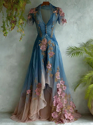 Women's Elegant Gradient Flowers Embroidery Art Irregular Maxi Dress