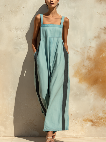 Tencel Denim Contrast Stripe Wide-Leg Jumpsuit