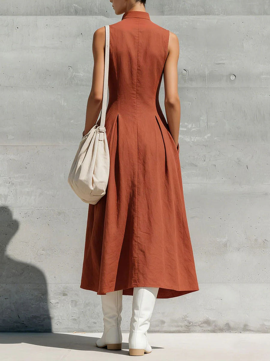 Women's Solid-color Stand-collar Sleeveless Loose-fit Cotton-linen Casual Dress