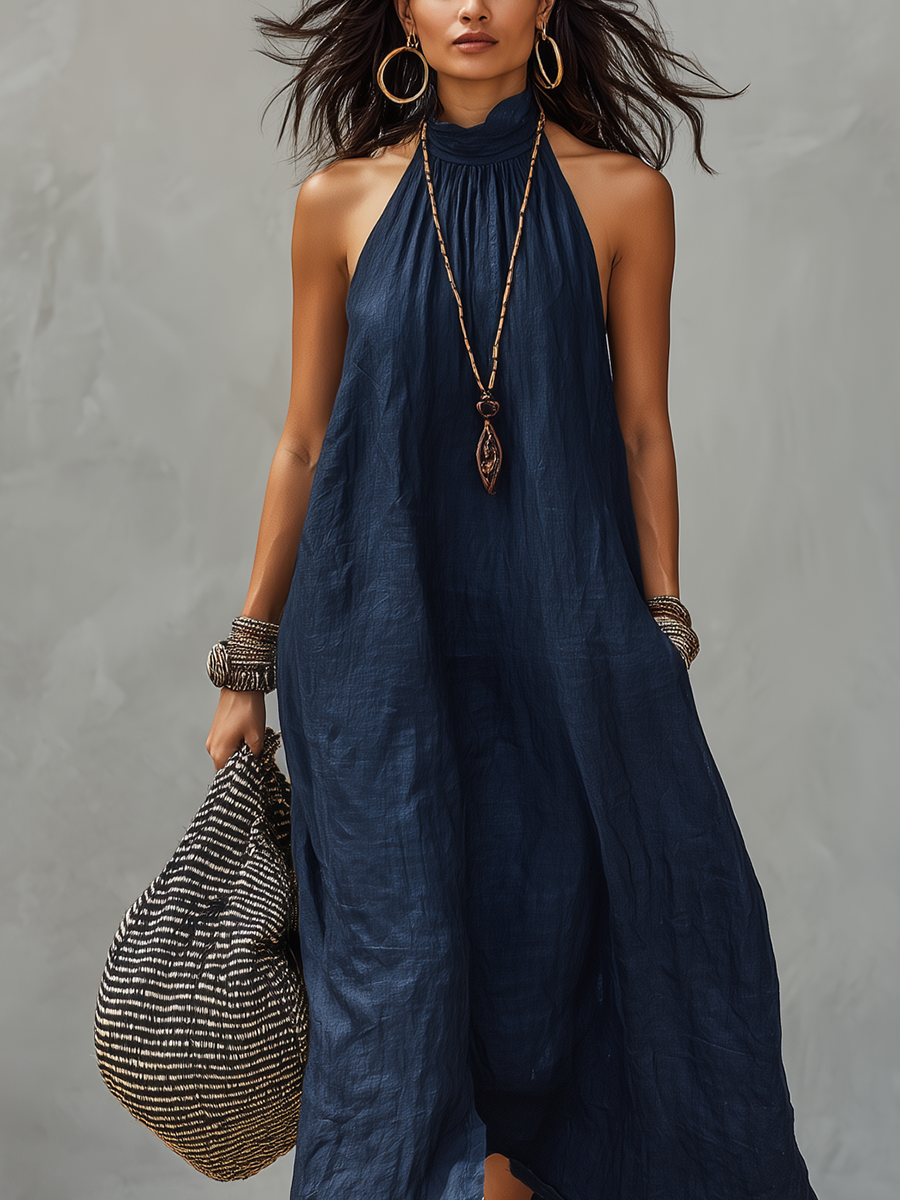 Midnight Blue Linen Halter Dress