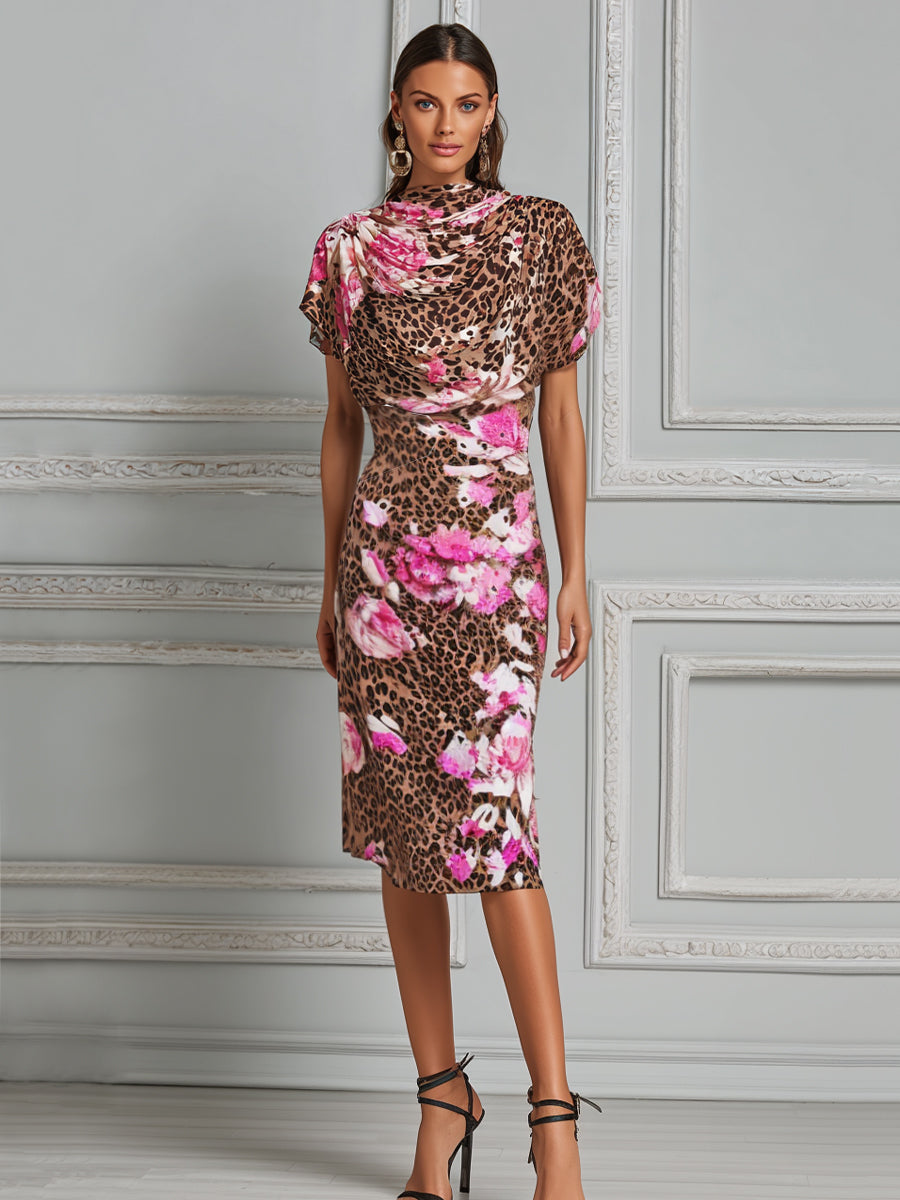 Exotic Bloom Cowl-Neck Sheath Midi Dress