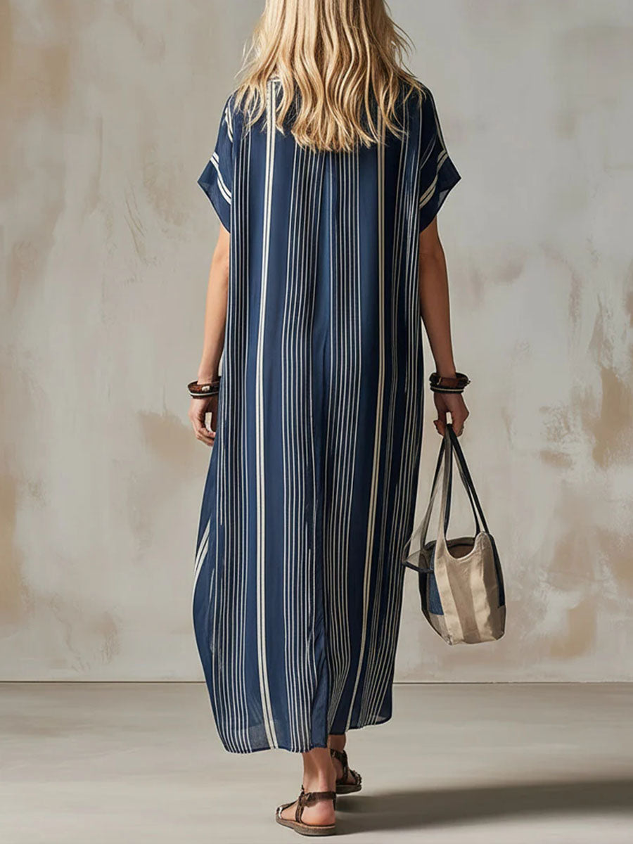 Women's Casual Loose-fit Shirt-collar Dress With Short Sleeves And Geometric Print