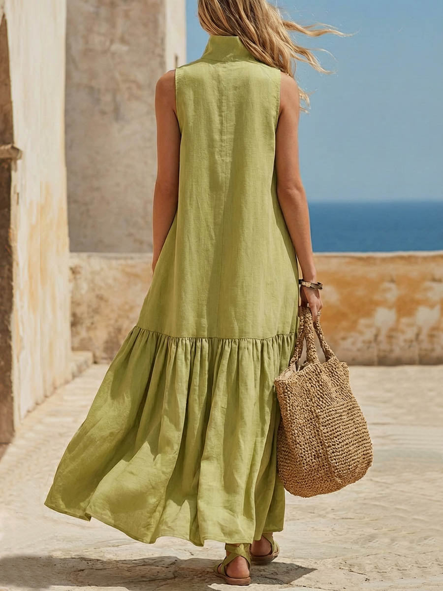 Women's Solid-color Stand-collar Sleeveless Loose-fit Cotton-linen Casual Dress