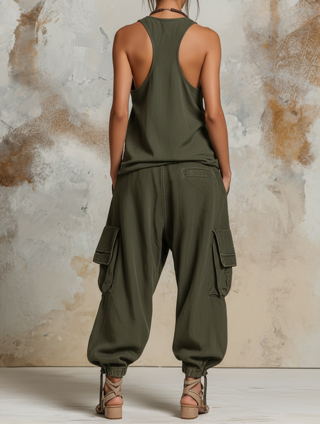 Relaxed Cargo Denim Set Drawstrings At The Cuffs