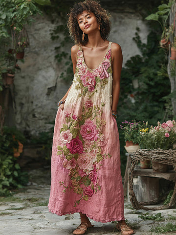 Vintage Pink Flowers Embroidered Linen Maxi Dress