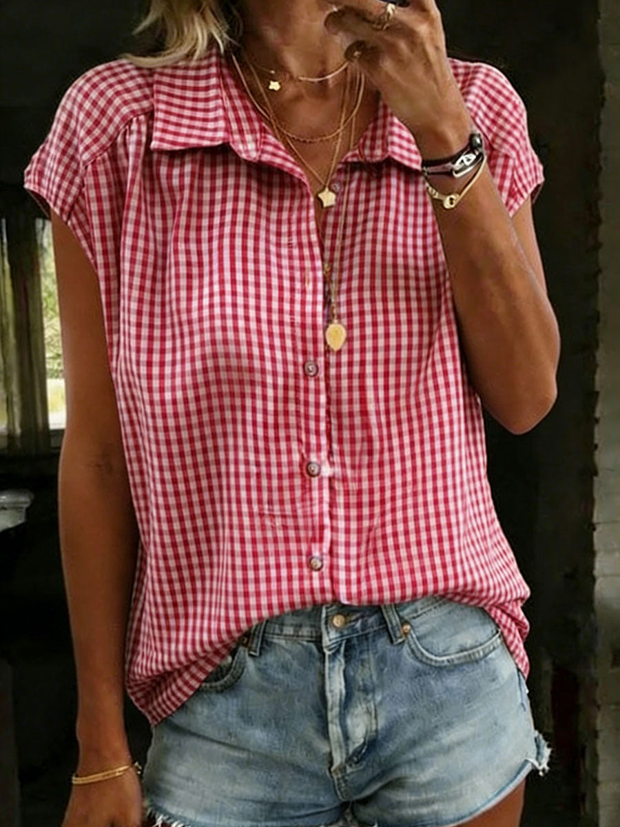 Retro Plaid Lapel Collar Short-sleeve Shirt