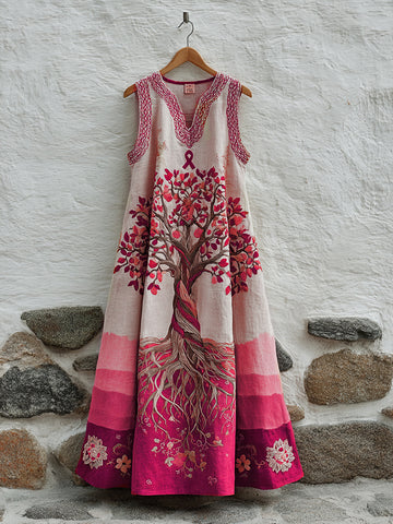 Women's Tree Of Life Pink Ribbon Embroidery V Neck Tank Midi Dress