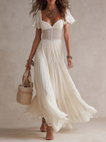 Vintage Elegant Cotton Lace Panel Boho Maxi Dress