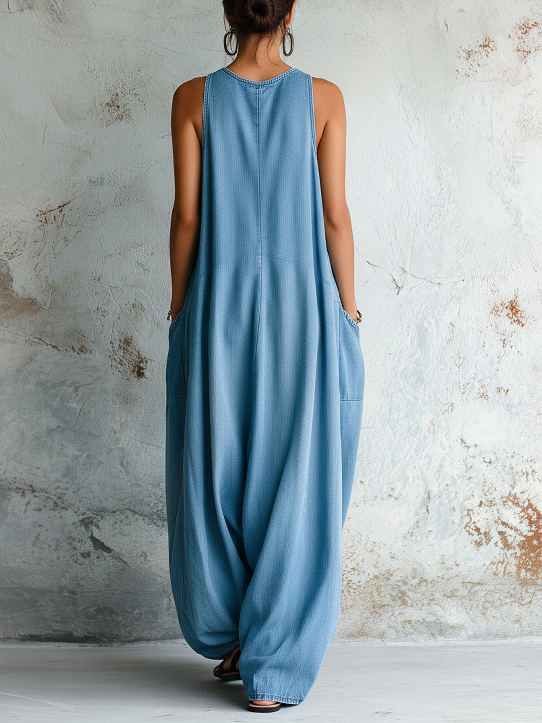 Sleeveless Denim Wide-Leg Pocket Jumpsuit