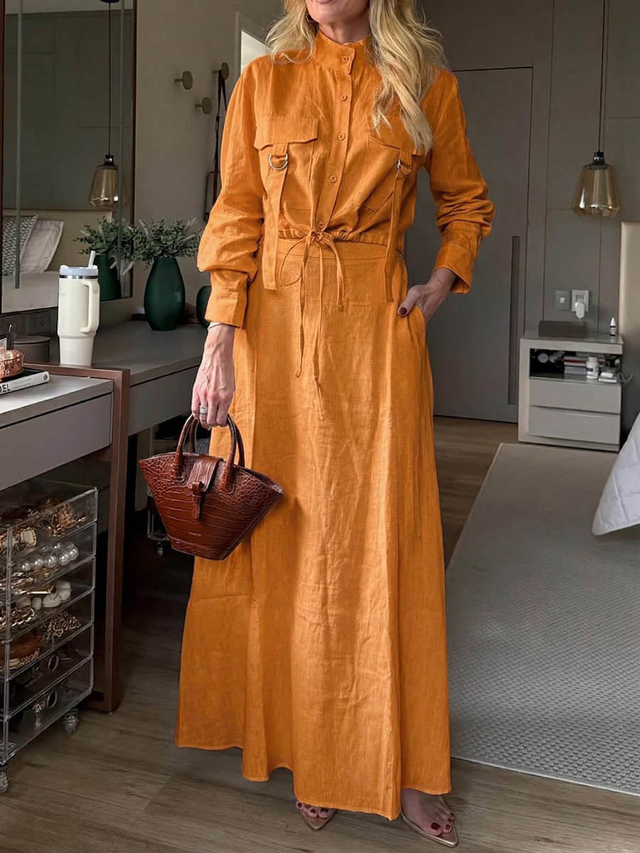 Women's Solid-color Stand-collar Long-sleeve Loose-fit Cotton-linen Top And High-waisted Loose-fit Cotton-linen Skirt Set