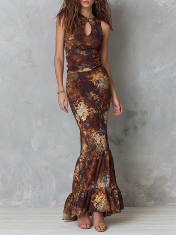 Elegant Keyhole Neck Floral Print Maxi Dress