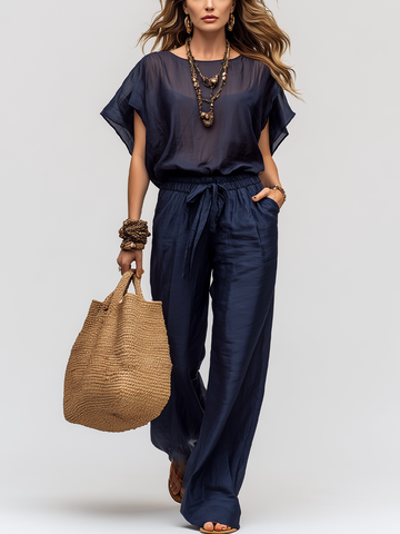 Resort-style Navy Blue Batwing Sleeve Wide-leg Suit