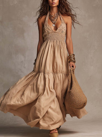 Vintage Lace Halter-Neck Cotton-Linen Maxi Dress