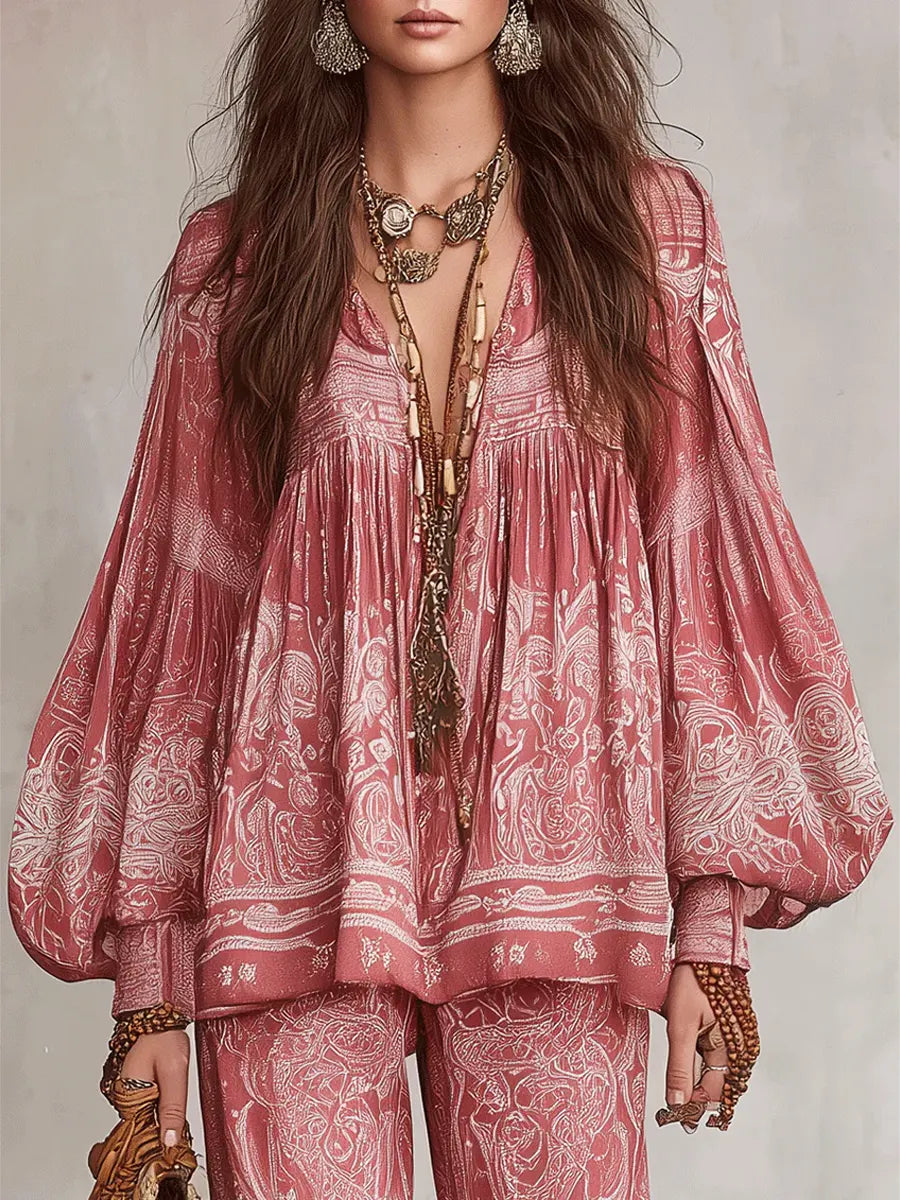 Women's Retro Floral Art Print Casual Long Sleeve Top And Pants Suits