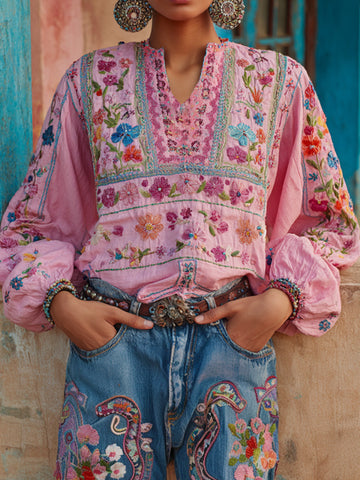 Women's Retro Ethnic Pink Awareness Flower Embroidery Printed Top