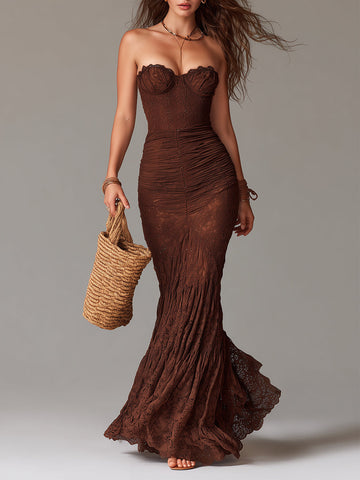 Vintage Strapless Lace Maxi Dress With Fishtail Hem