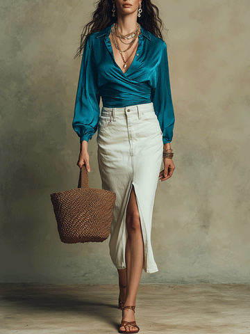 Effortless Boho Wrap Shirt And Pencil Skirt Set