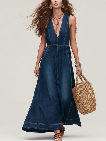 Resort-style Dark Blue Denim Dress
