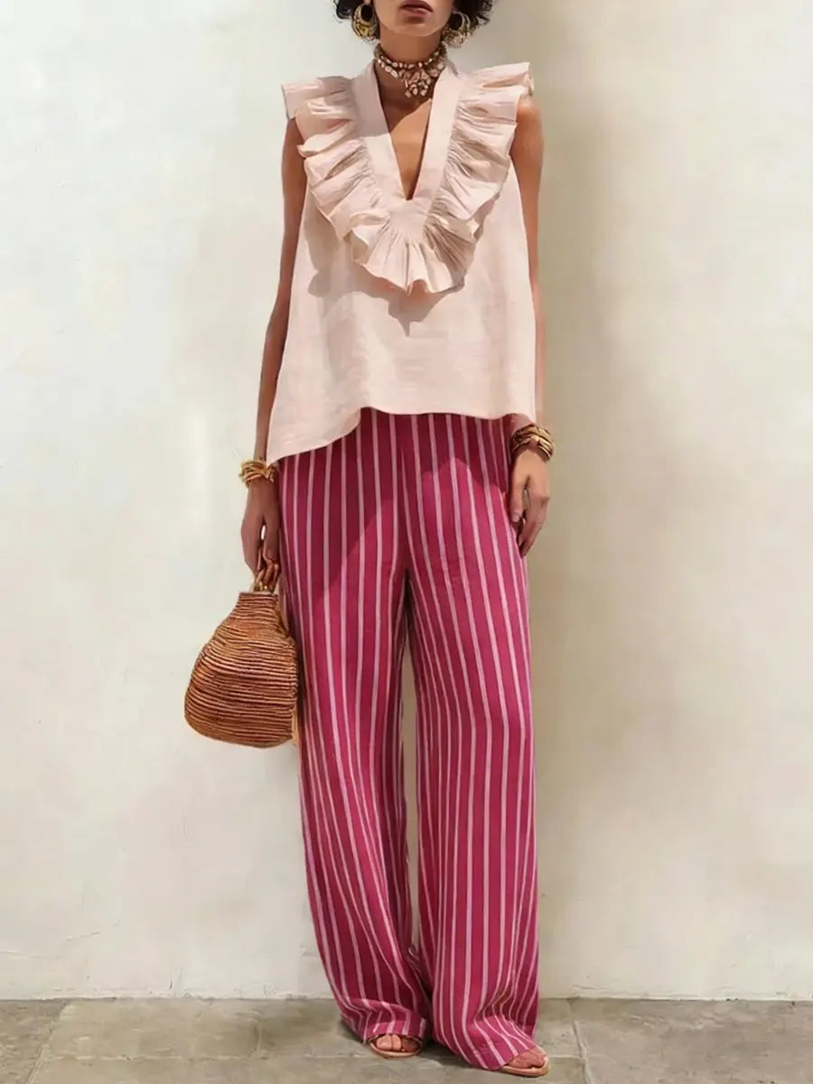 Women's V-neck Lace Striped Pants Set