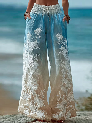 Bohemian Style Plant Flower Gradient Color Casual Long Pants
