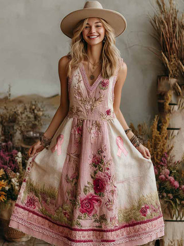 Vintage Classy Gradient Pink Roses Cancer Awareness Ribbon Embroidered Linen Maxi Dress