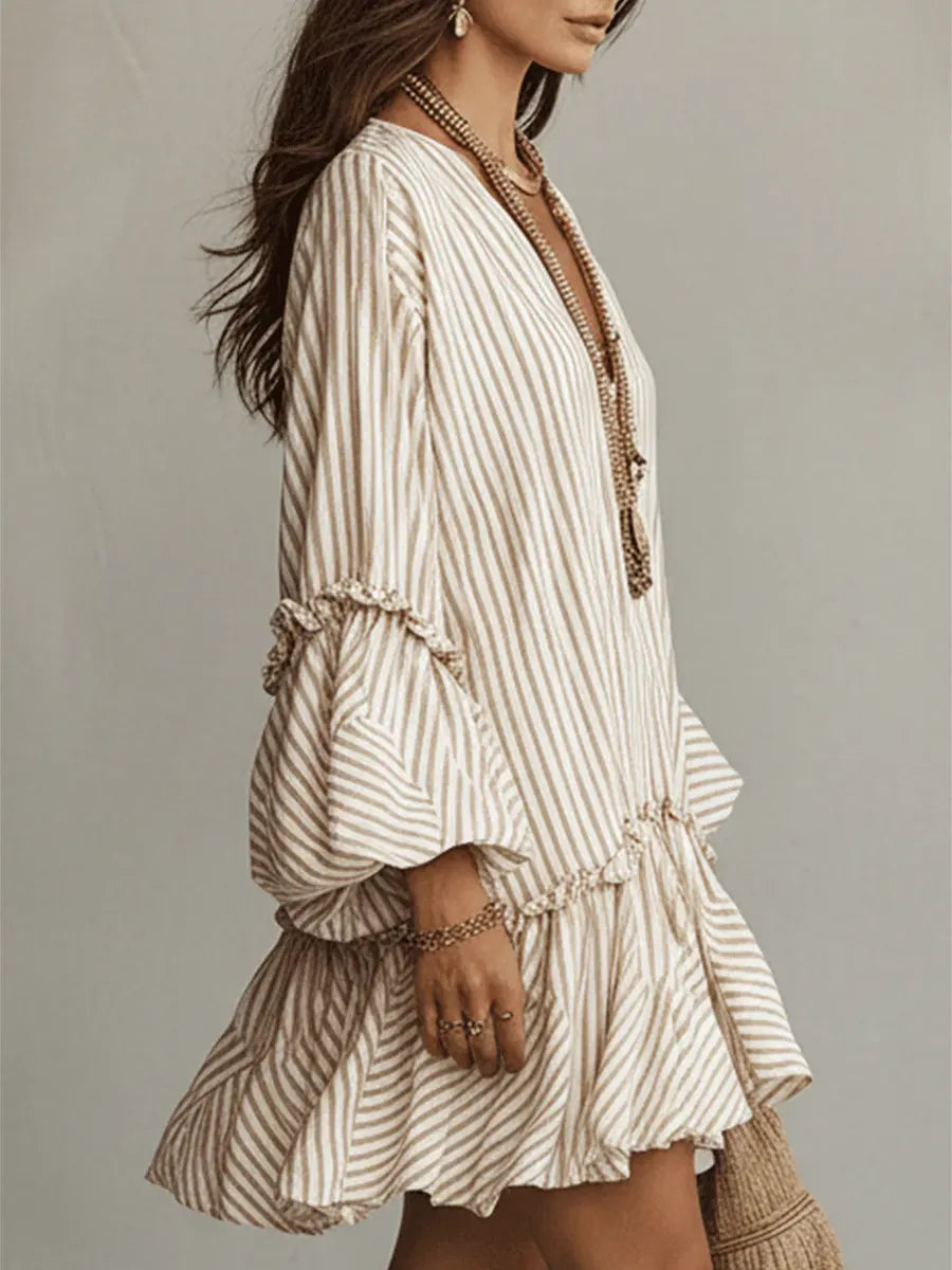 Women's Retro Striped Art Ruffled Casual Stylish V-Neck Cotton Linen Dress