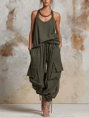 Relaxed Cargo Denim Set Drawstrings At The Cuffs