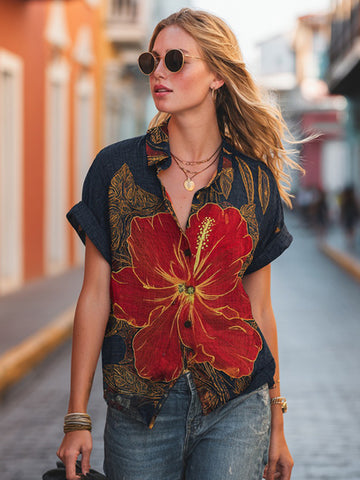 Women's Retro Hibiscus Casual Linen Blend Shirt
