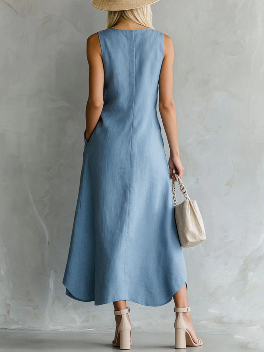 Women's Solid-color Round-neck Sleeveless Loose-fit Cotton-linen Casual Dress
