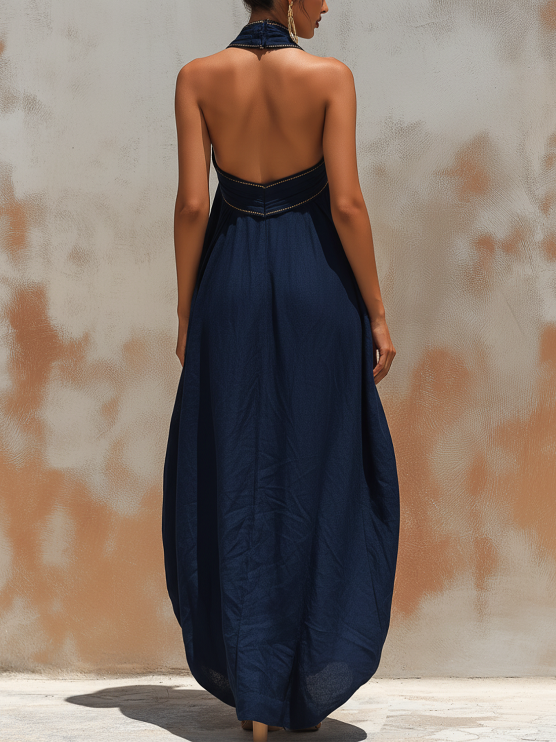 Navy Tencel Denim Halter Neck Maxi Dress
